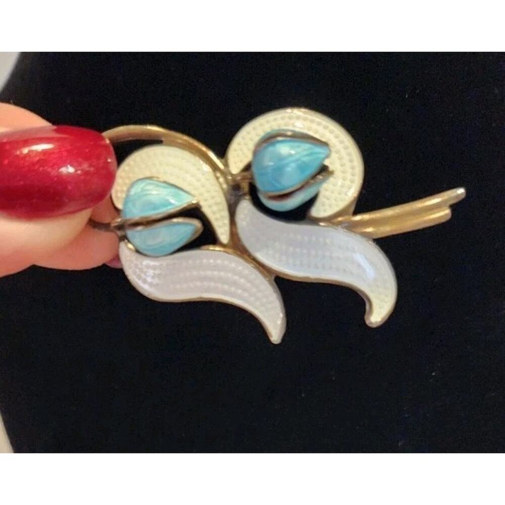 Vtg Norway Aksel Holmsen Signed Sterling Silver Enamel Lily Valley Flower Brooch